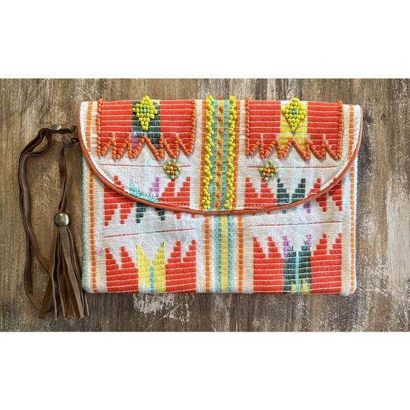 RAJ L.A - MULTI COLOR Embroidered Beaded HANDBAG Clutch Vegan Leather - Picture 1 of 8